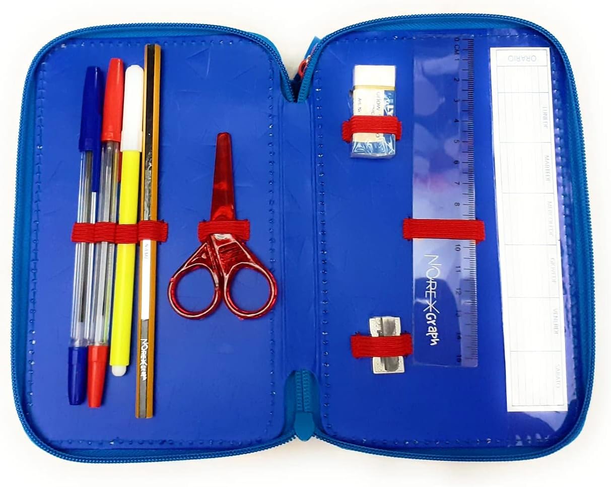 DIMAGRAF - BING - ASTUCCIO SCUOLA 3 ZIP ORIGINALE BING - COMPLETO DI 44 PEZZI - PRODOTTO UFFICIALE (AZZURRO/ROSSO)