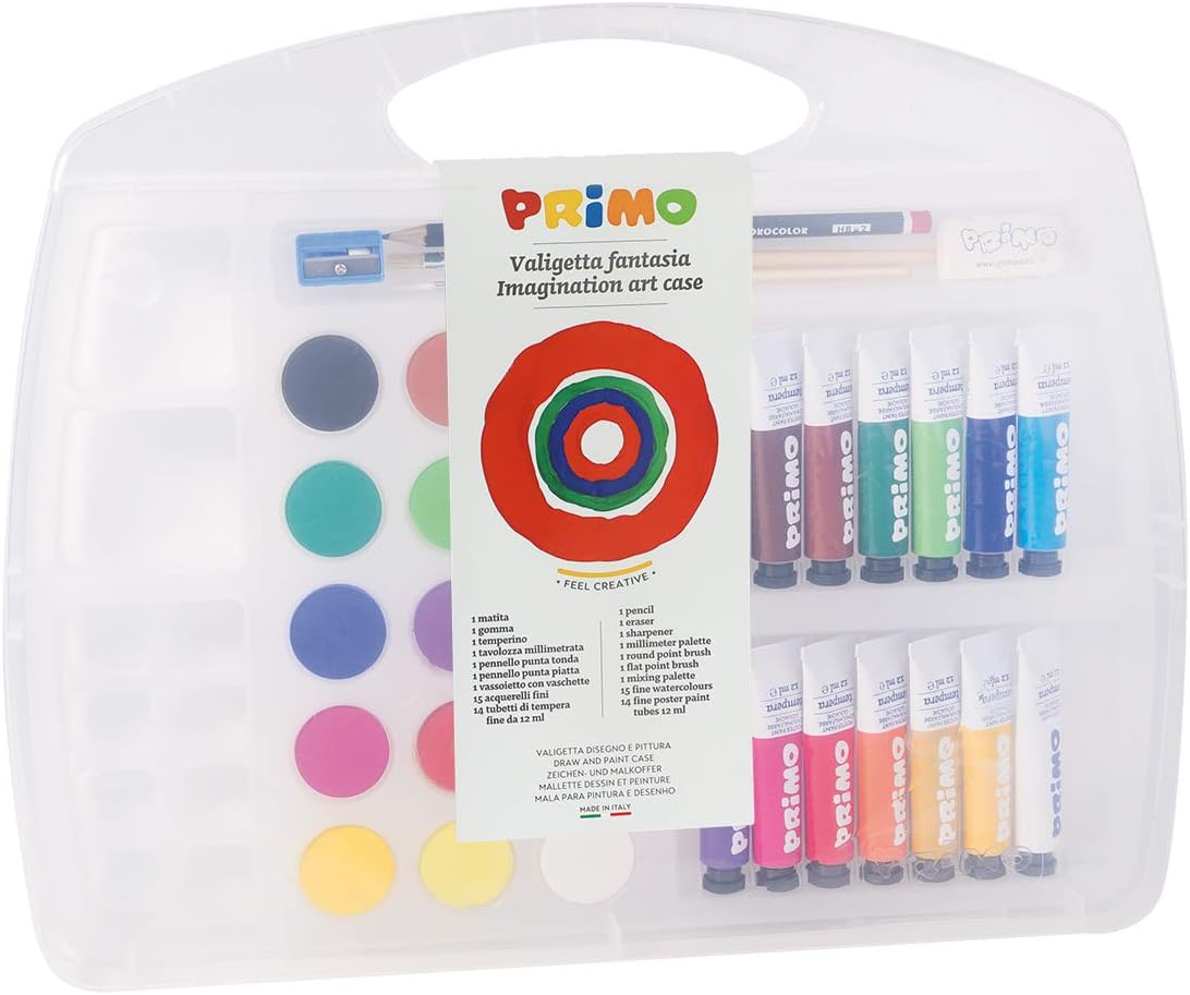 Morocolor PRIMO, Kit pittura, 14 Colori a tempera e 15 acquerelli, pennelli, matita, gomma, temperino, tavolozza e piano d’appoggio, Colori concentrati e intensi, Made in Italy
