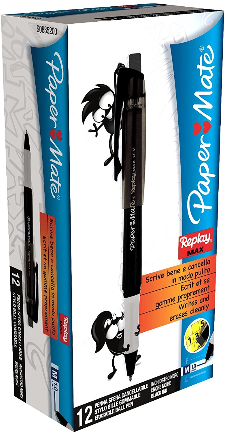 Paper Mate Replay Max-Penna a sfera cancellabile, punta m, COL. NERO,12PZ, S0835200