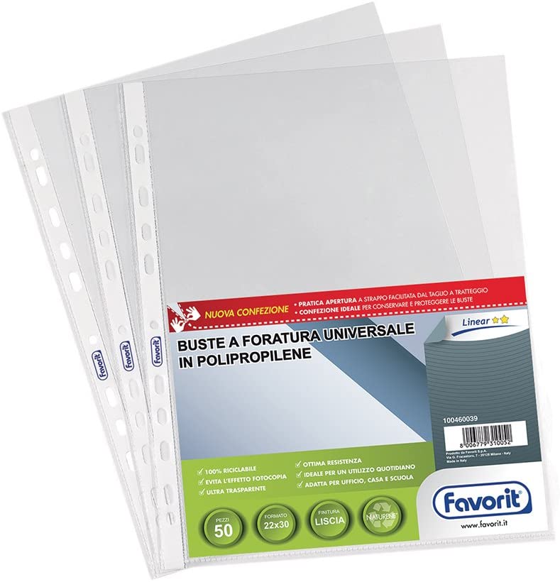 Favorit LINEAR Buste a Foratura Universale 50 Buste, 22 x 30 cm, Trasparente